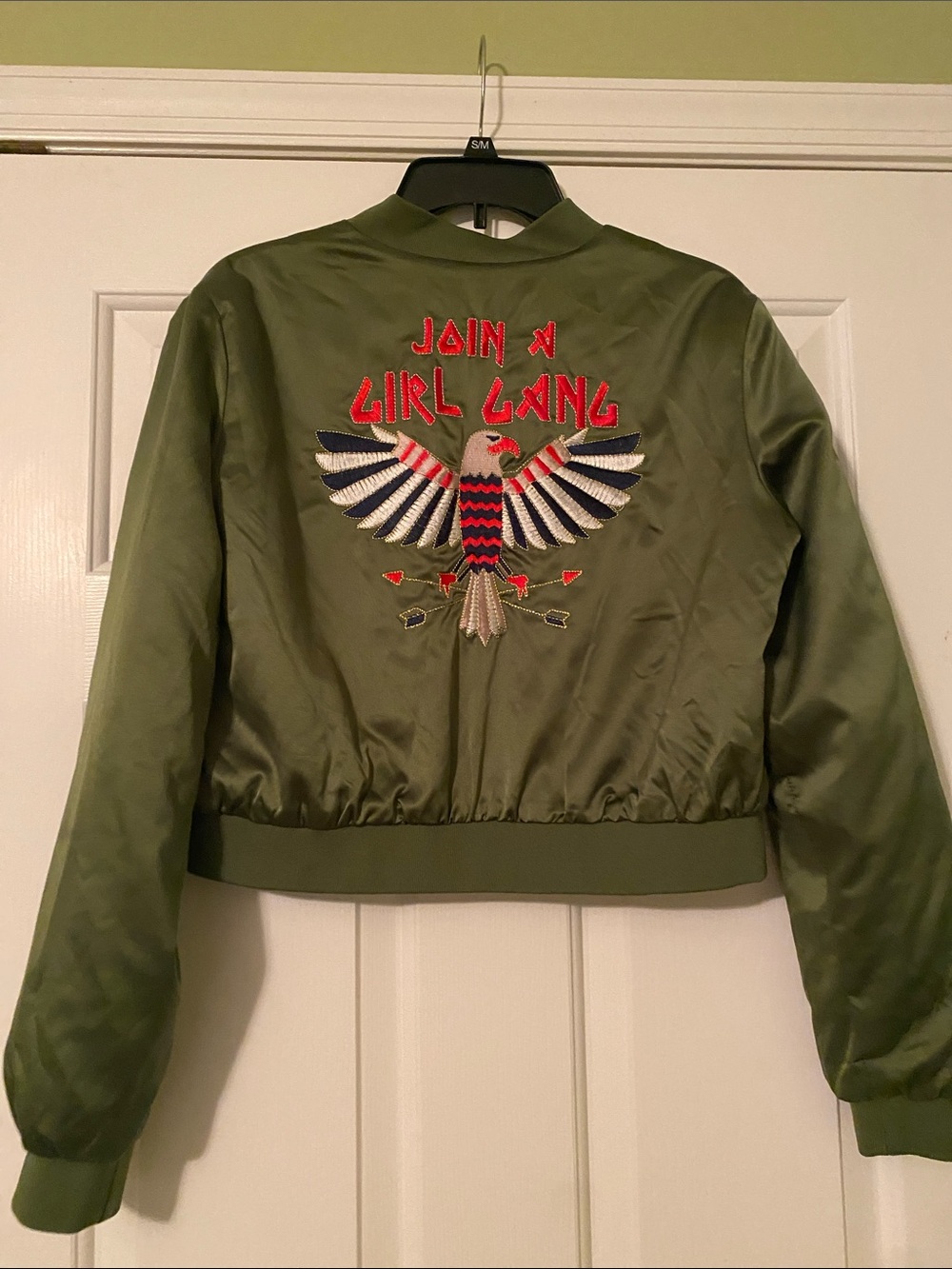 Olive Satin Bomber Jacket with Bird “Join Girl Gang” Embroidery - Sz Large